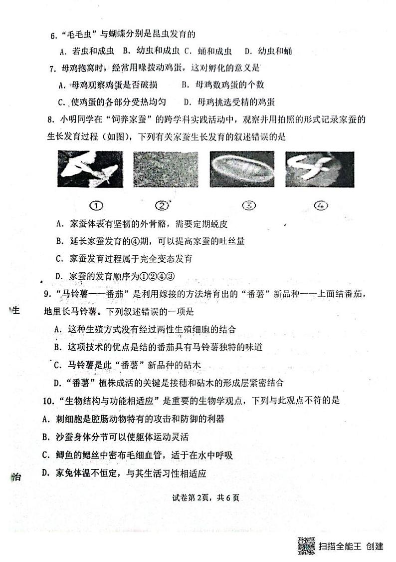 河南省南阳市镇平县2024-2025学年八年级上学期12月月考生物试题第2页