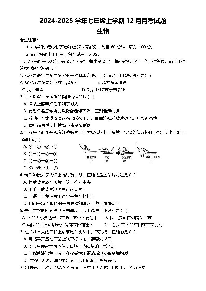 湖南省娄底市新化县2024-2025学年七年级上学期12月月考生物试题-A4第1页