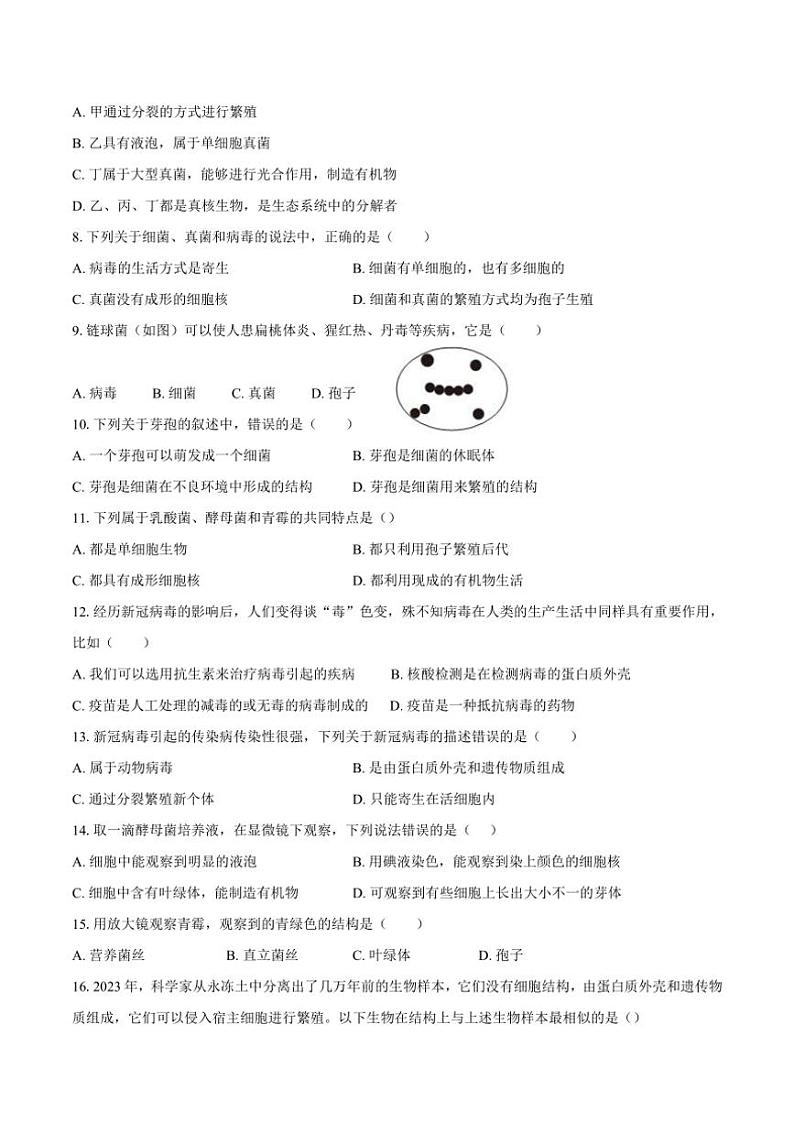 2024～2025学年河南省南阳市第十九中学校七年级(上)12月月考生物试卷(含答案)第2页