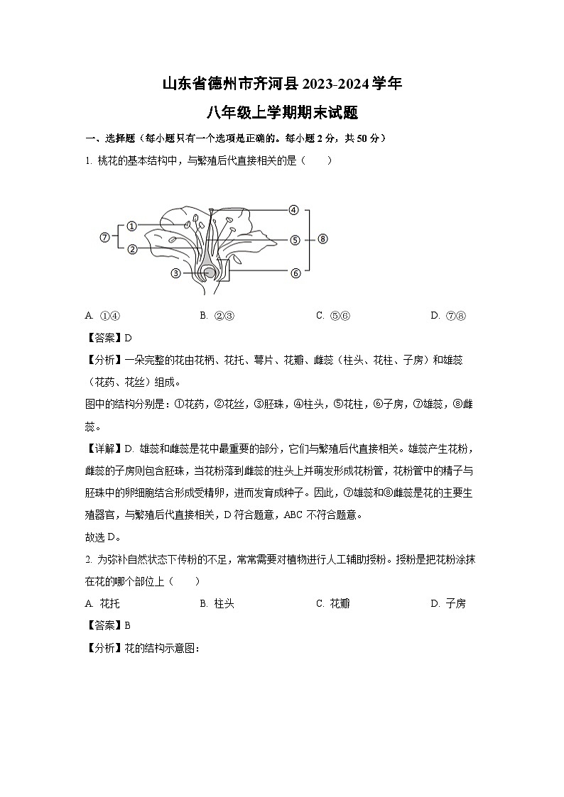 山东省德州市齐河县2023-2024学年八年级上学期期末生物试卷（解析版）第1页