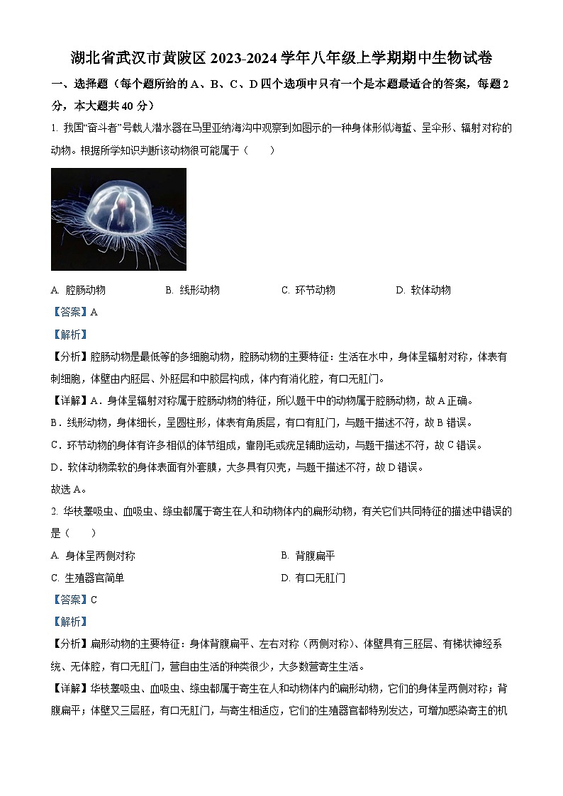 湖北武汉市黄陂区2023-2024学年八年级上学期生物期中卷及答案第1页