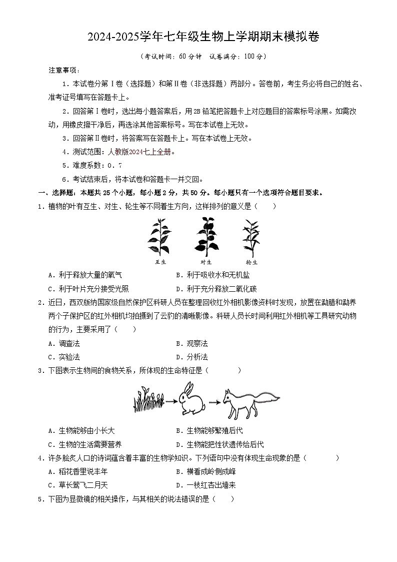 七年级生物期末模拟卷【测试范围：人教版2024上册全册】（考试版）-A4第1页