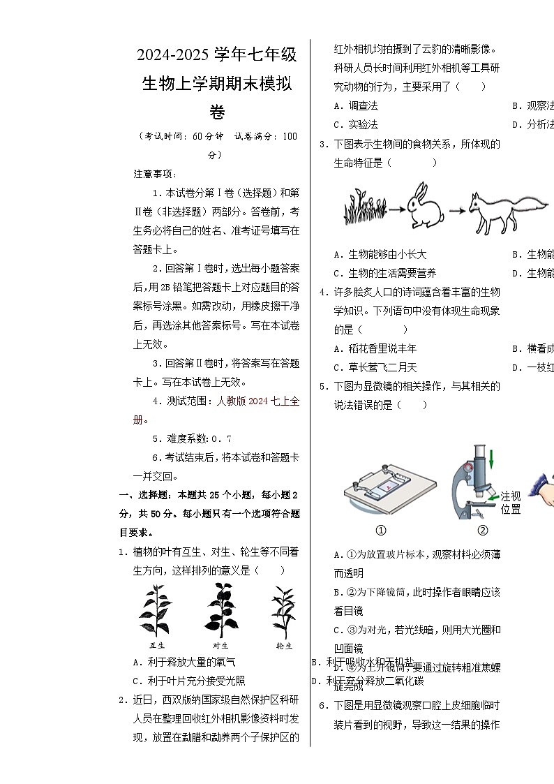 七年级生物期末模拟卷【测试范围：人教版2024上册全册】（考试版A3）-A4第1页