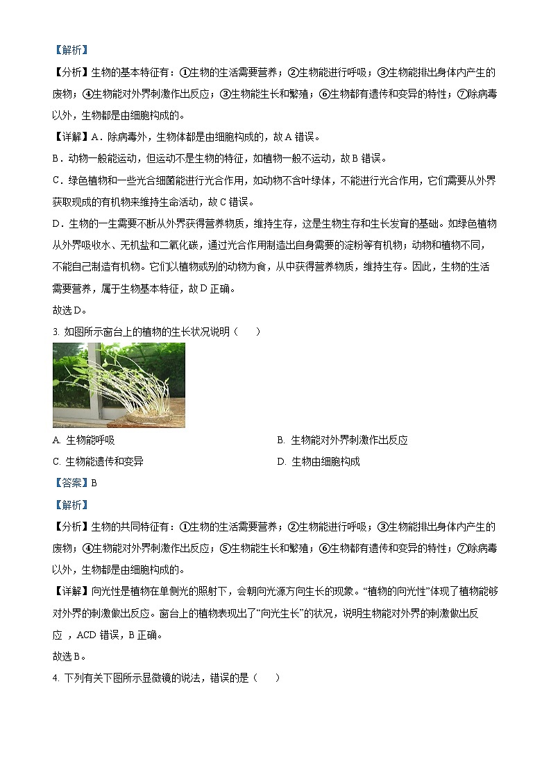 陕西省咸阳市实验中学2024-2025学年七年级上学期期中生物试题（解析版）-A4第2页