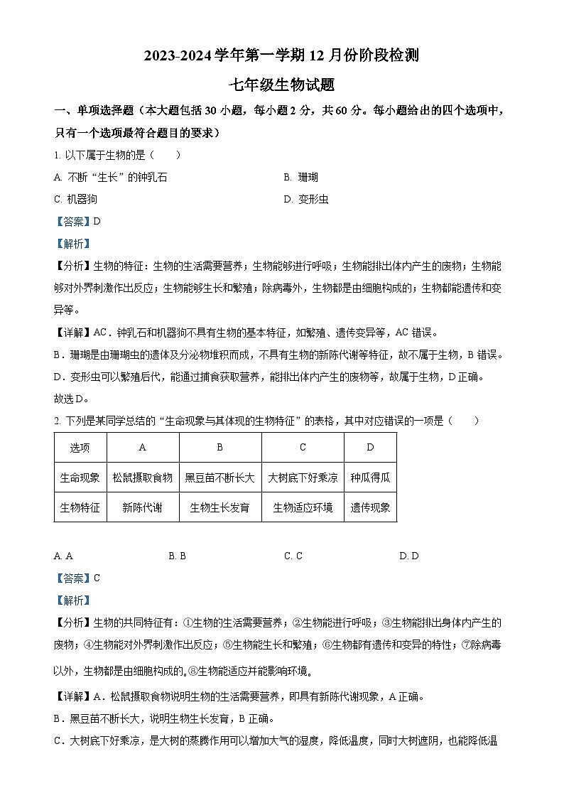 山东省宁津县张宅中学2023-2024学年七年级上学期第二次月考生物试题（解析版）-A4第1页