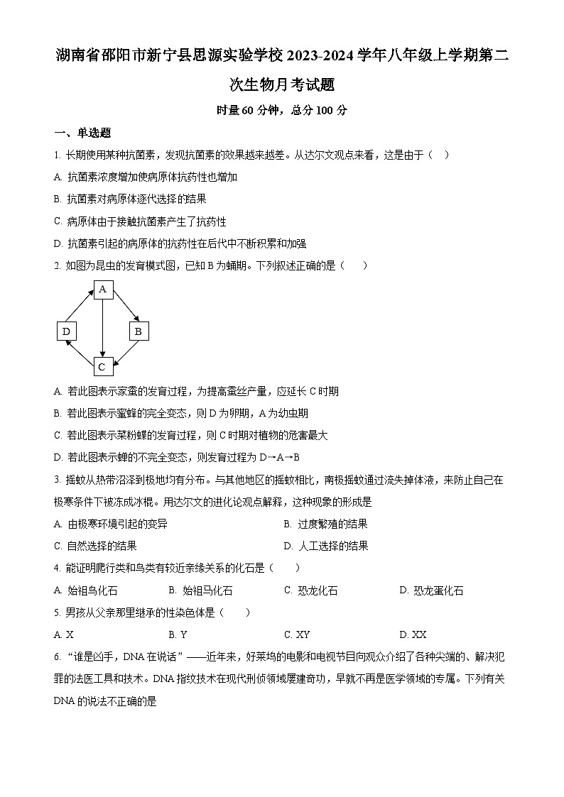 湖南省邵阳市新宁县思源实验学校2023-2024学年八年级上学期第二次生物月考试卷（原卷版）-A4第1页