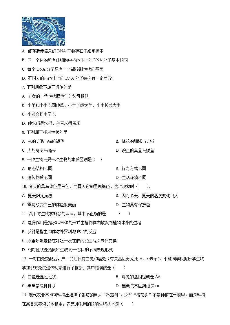 湖南省邵阳市新宁县思源实验学校2023-2024学年八年级上学期第二次生物月考试卷（原卷版）-A4第2页