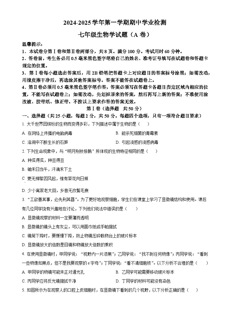 山东省滨州市无棣县2024-2025学年七年级上学期期中生物学试题（A）（原卷版）-A4第1页