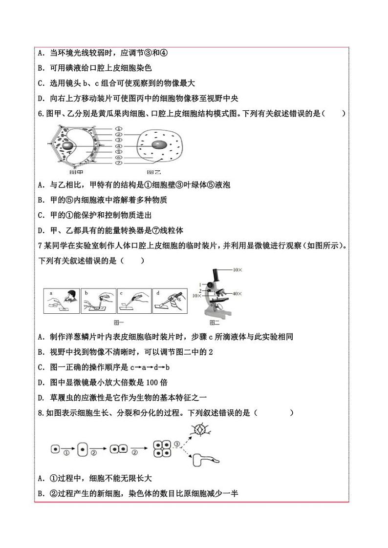 2024～2025学年山东省德州市齐河县潘店镇中学七年级(上)期末学业检测生物模拟试卷(含答案)第2页