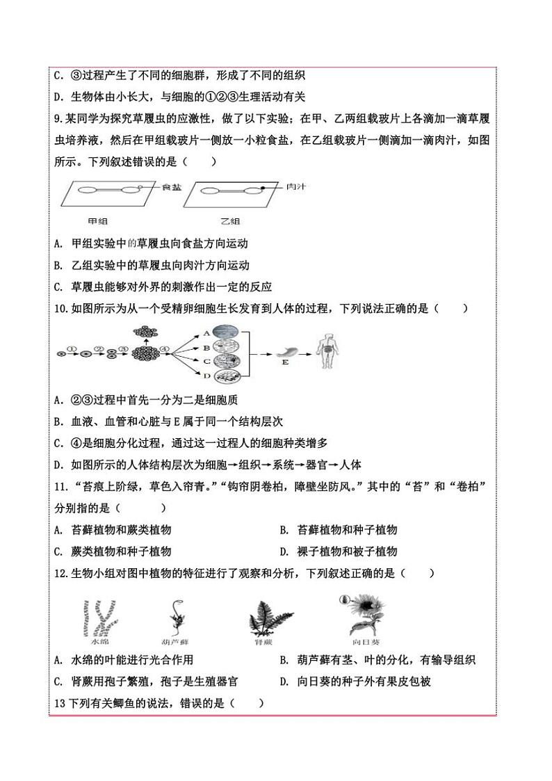2024～2025学年山东省德州市齐河县潘店镇中学七年级(上)期末学业检测生物模拟试卷(含答案)第3页