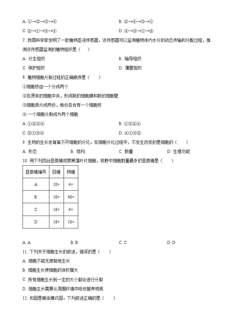 辽宁省大连市甘井子区2024-2025学年七年级上学期期中生物学试题（原卷版）-A4第2页