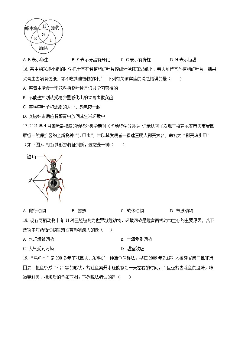 山东省青岛市城阳区2024-2025学年八年级上学期期中生物学试题（原卷版）-A4第3页