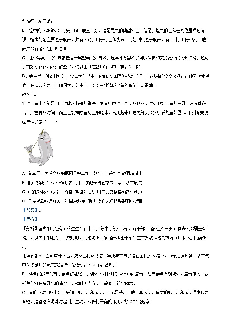 山东省泰安市肥城市2024-2025学年八年级上学期期中生物学试题（解析版）-A4第2页