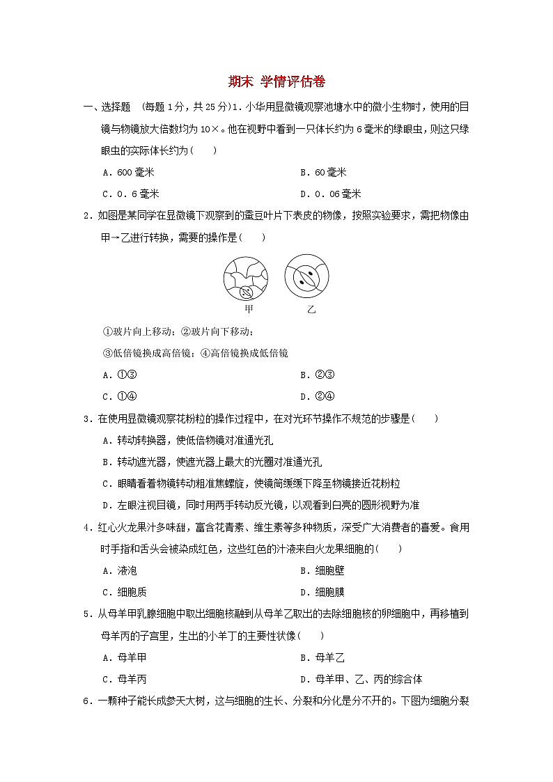 2024七年级生物上学期期末学情评估试卷（附答案冀少版）第1页