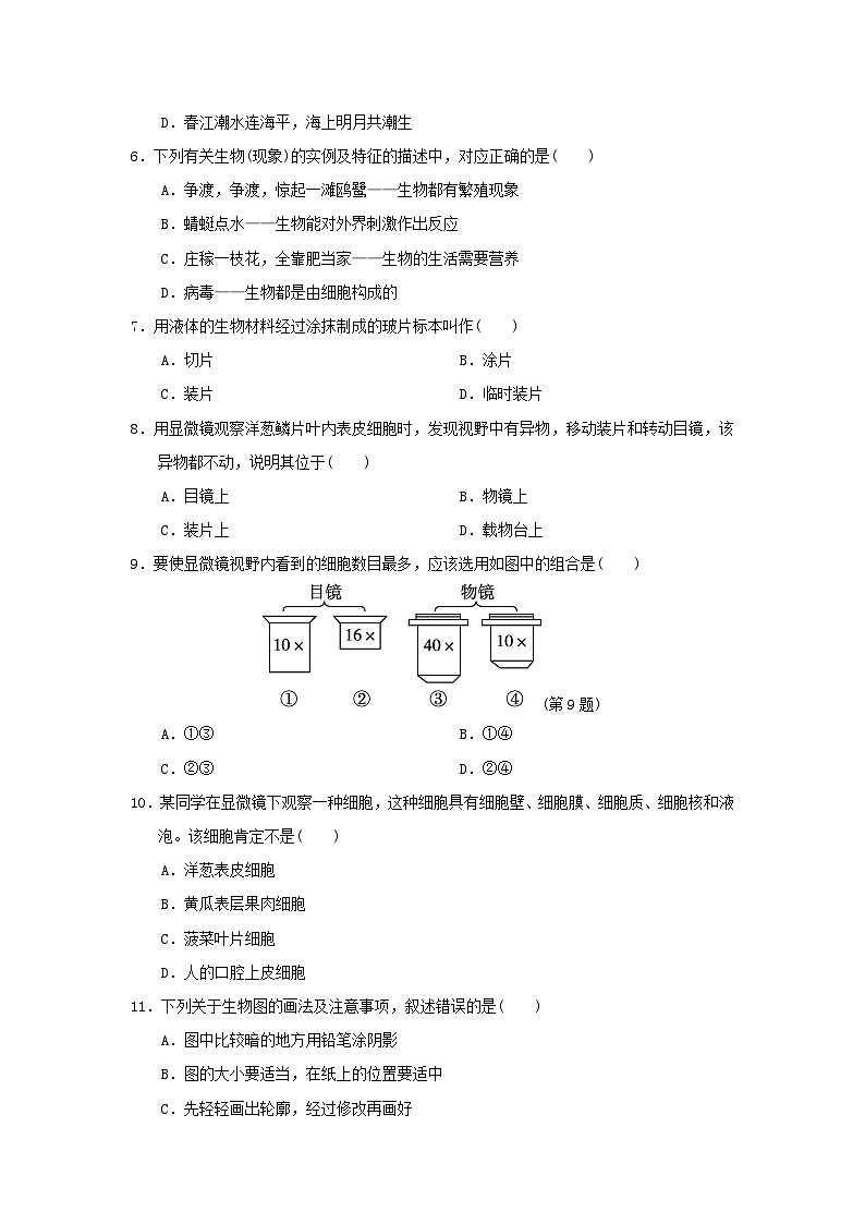 2024七年级生物上册第一单元生物和细胞第一二章学情评估试卷（附答案人教版）第2页