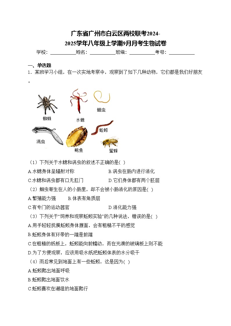 广东省广州市白云区两校联考2024-2025学年八年级上学期9月月考生物试卷(含答案)第1页