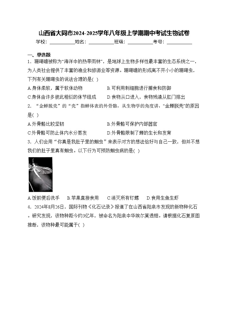 山西省大同市2024-2025学年八年级上学期期中考试生物试卷(含答案)第1页