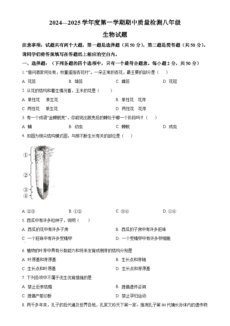 山东省德州市乐陵市2024-2025学年八年级上学期期中生物学试题（原卷版）-A4第1页