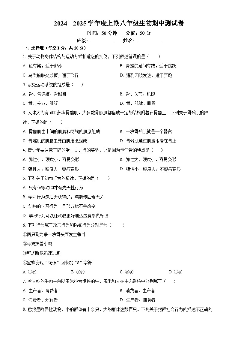 河南省驻马店市驿城区2024-2025学年八年级上学期期中生物学试题（原卷版）-A4第1页