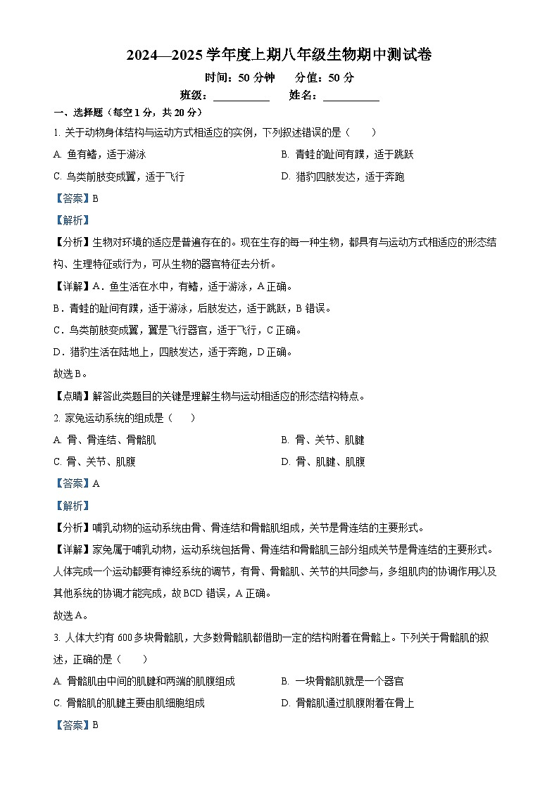 河南省驻马店市驿城区2024-2025学年八年级上学期期中生物学试题（解析版）-A4第1页