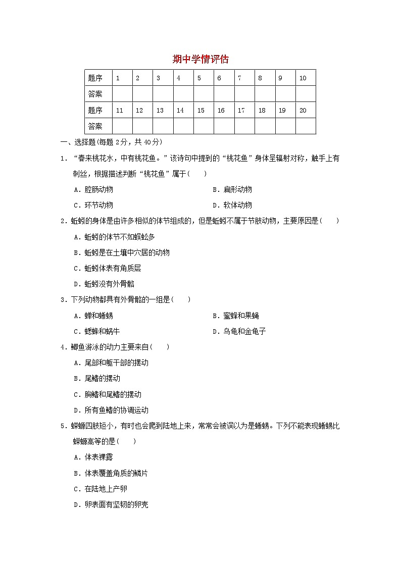 2024八年级生物上学期期中学情评估试卷（附答案人教版）第1页