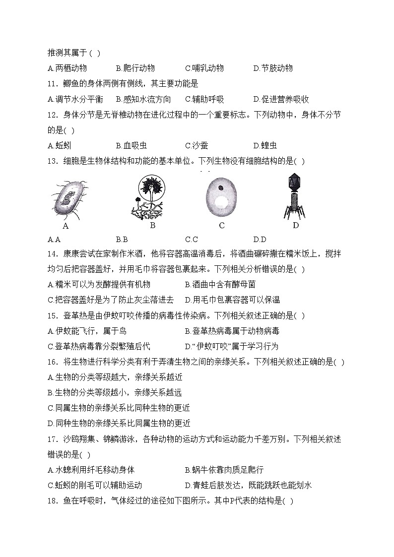 河南省南阳市多校2024-2025学年八年级上学期第三次月考生物试卷(含答案)第3页