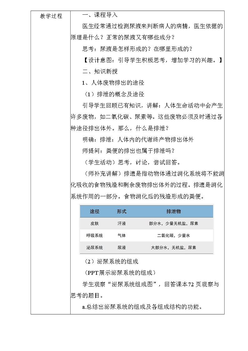 初中生物人教版七年级下册《人体内废物的排出》教学设计第2页