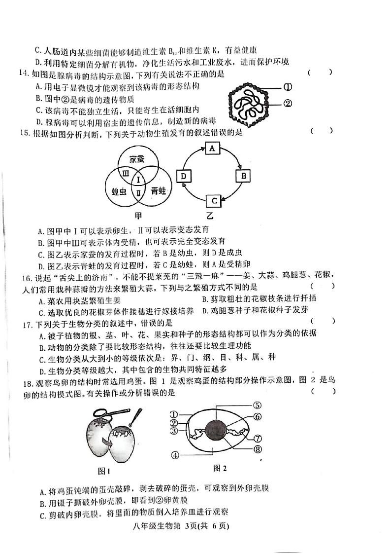吉林省长春市公主岭市2024-2025学年八年级上学期12月期末生物试题第3页