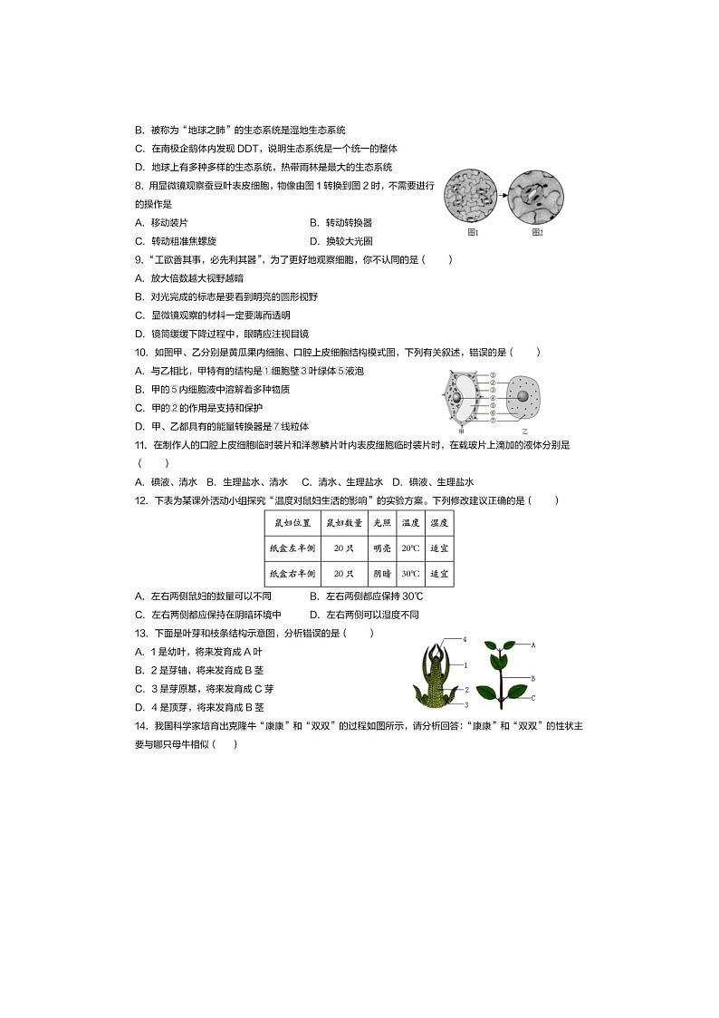 内蒙古赤峰市2024-2025学年七上生物期末教学质量检测试卷第2页