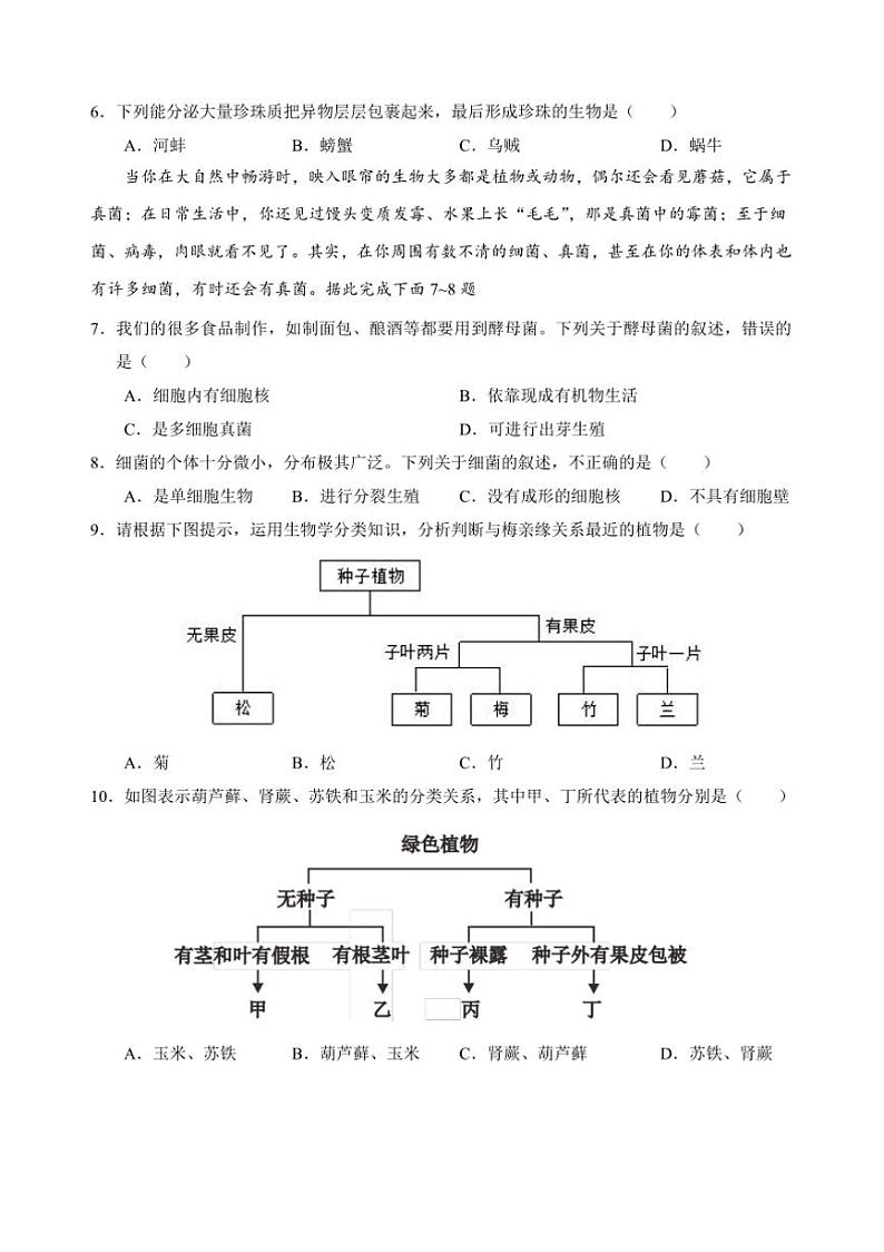 2024～2025学年湖北省孝感市应城市八年级(上)期中生物试卷(含答案)第2页