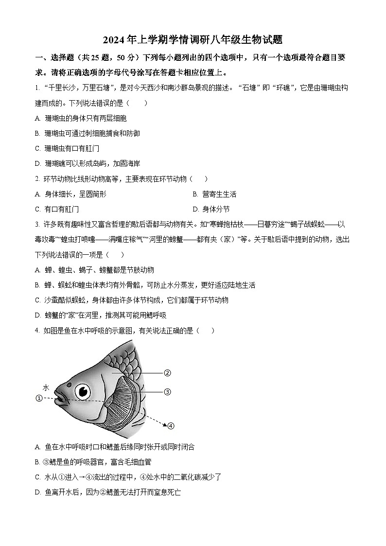 2024年人教版八年级期末生物试题（Word版，附答案）第1页