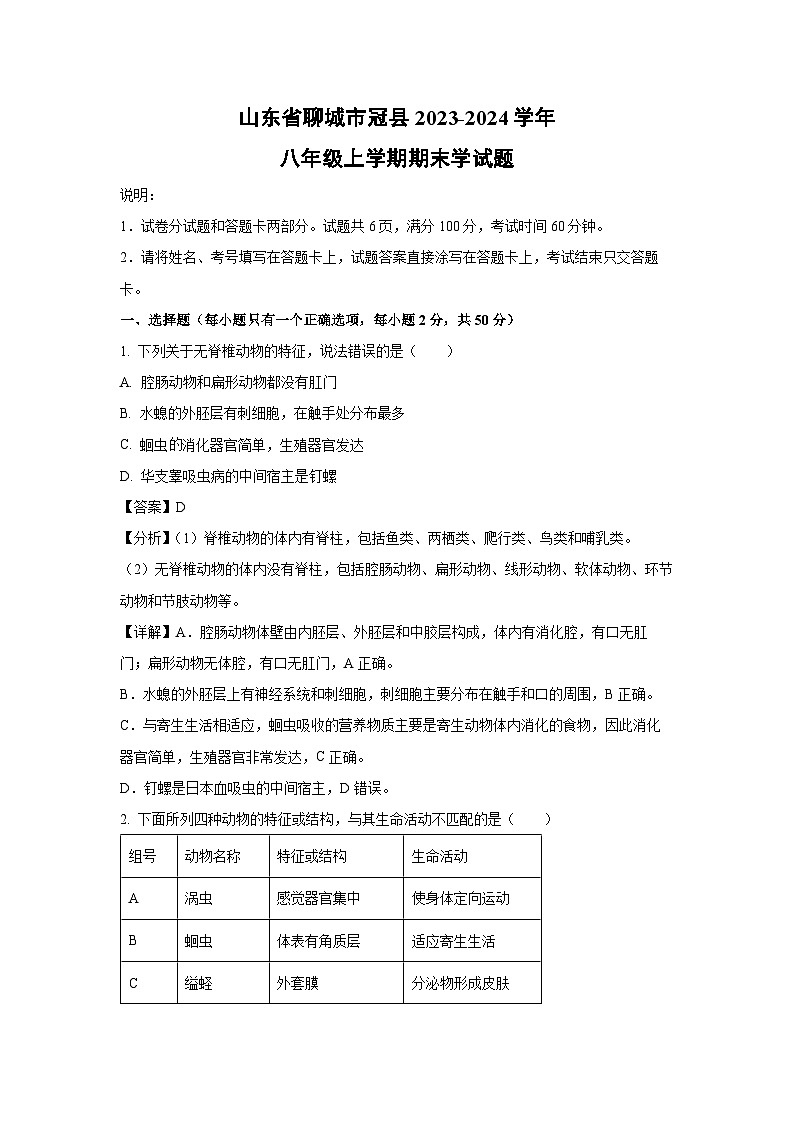 山东省聊城市冠县2023-2024学年八年级（上）期末学生物试卷（解析版）第1页