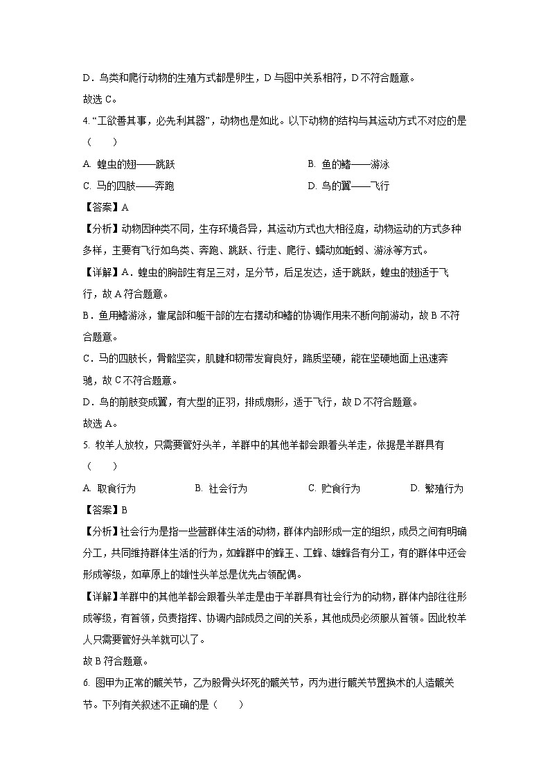 山东省聊城市冠县2023-2024学年八年级（上）期末学生物试卷（解析版）第3页