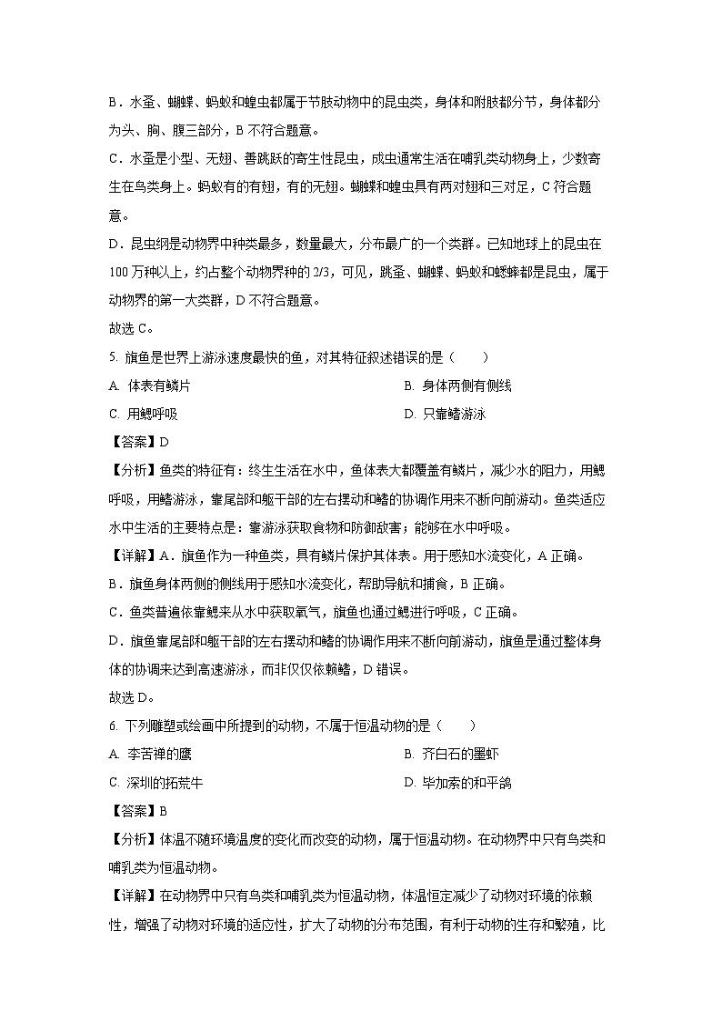 山东省淄博市张店区2023-2024学年八年级（上）期末生物试卷（解析版）第3页