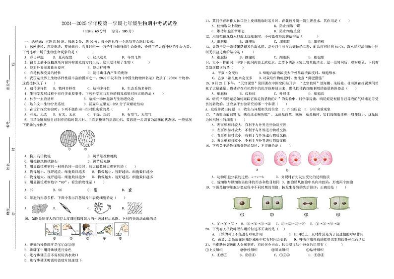广东省惠州市惠阳区某校2024-2025学年七年级上学期期中考试生物试题第1页