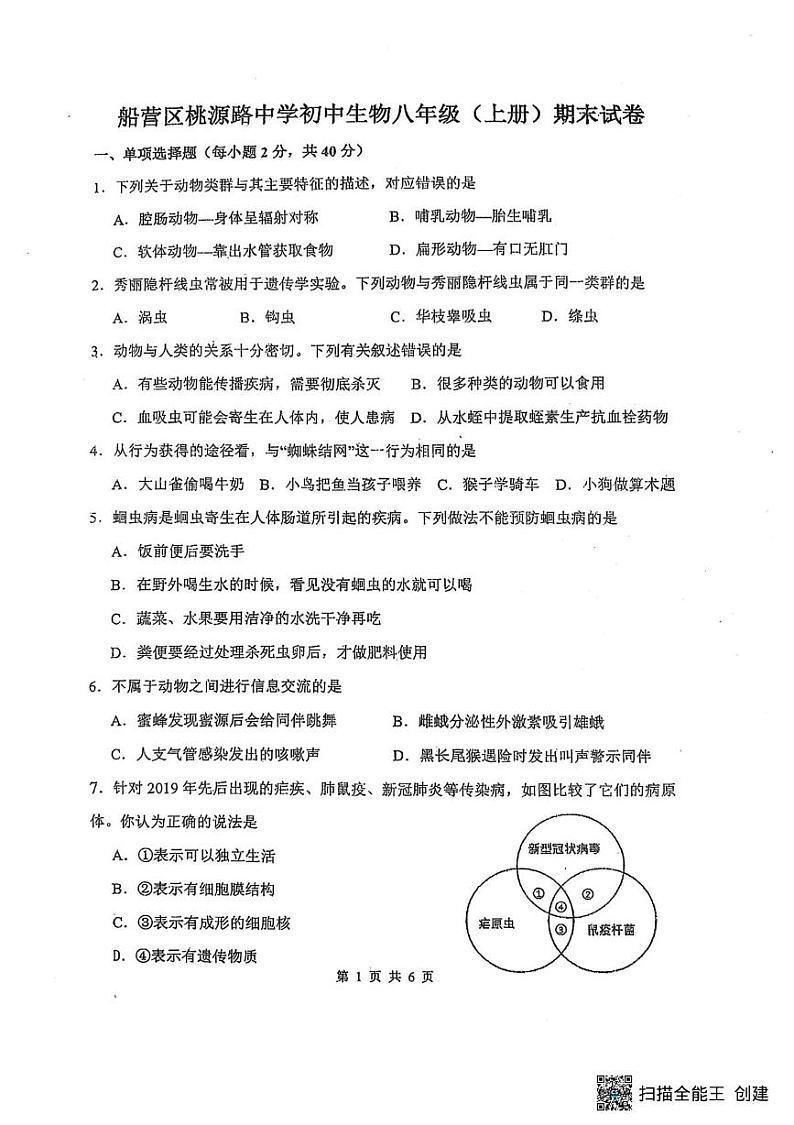 吉林省吉林市船营区2024-2025学年八年级上学期12月期末生物试题第1页