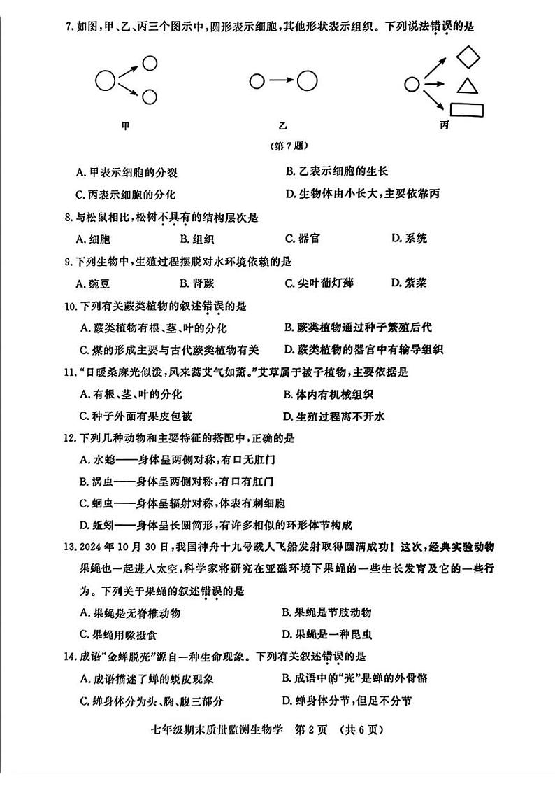 吉林省长春市宽城区 2024-2025学年七年级上学期 期末生物试题第2页