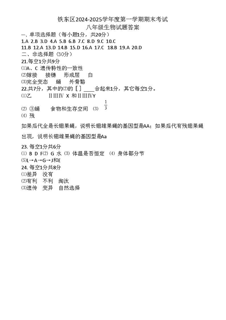 生物 铁东区2024-2025八年级生物期末试题答案第1页