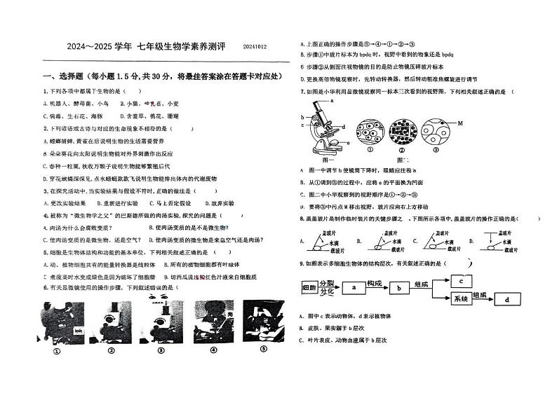 山东省滨州市北镇中学2024-2025学年七年级上学期第一次月考生物试题第1页