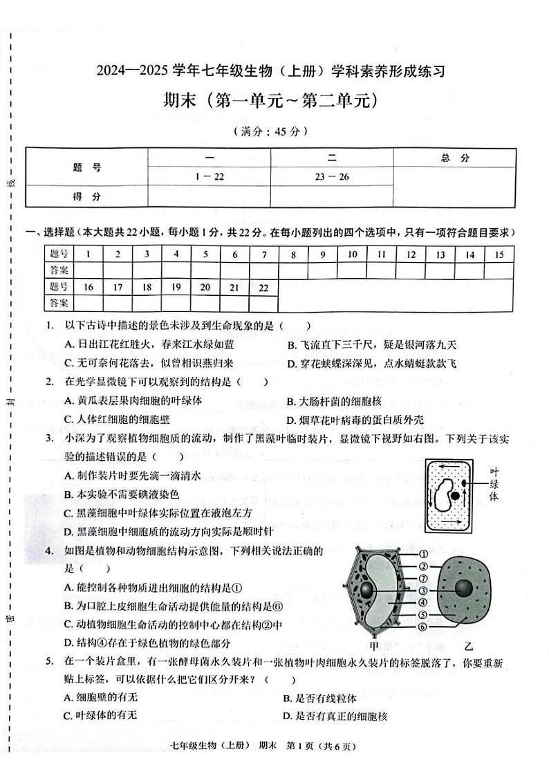 （预约）广东省深圳市龙岗区宏扬学校2025届七年级上学期期末考试生物试题 202412期末七年级生物第1页