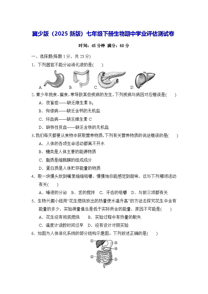 冀少版（2025新版）七年级下册生物期中学业评估测试卷（含答案）第1页