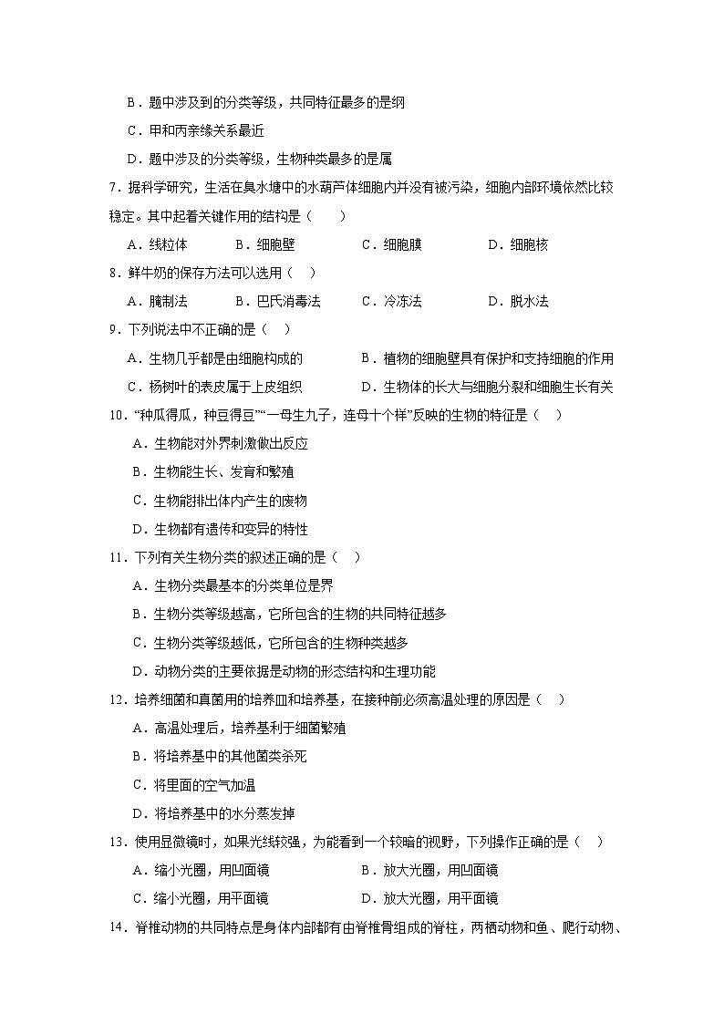 人教版（2024新版）七年级生物上册期末学业检测模拟预测试卷（含答案解析）第2页