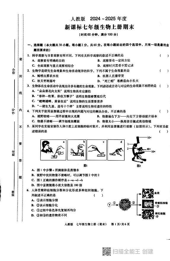 广东省汕头市潮阳区德兴育才学校2024-2025学年七年级上学期期末生物试题第1页