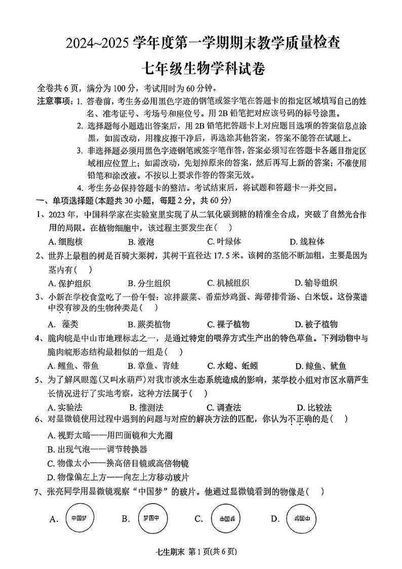 广东省潮州市湘桥区2024-2025学年七年级上学期期末生物试题第1页