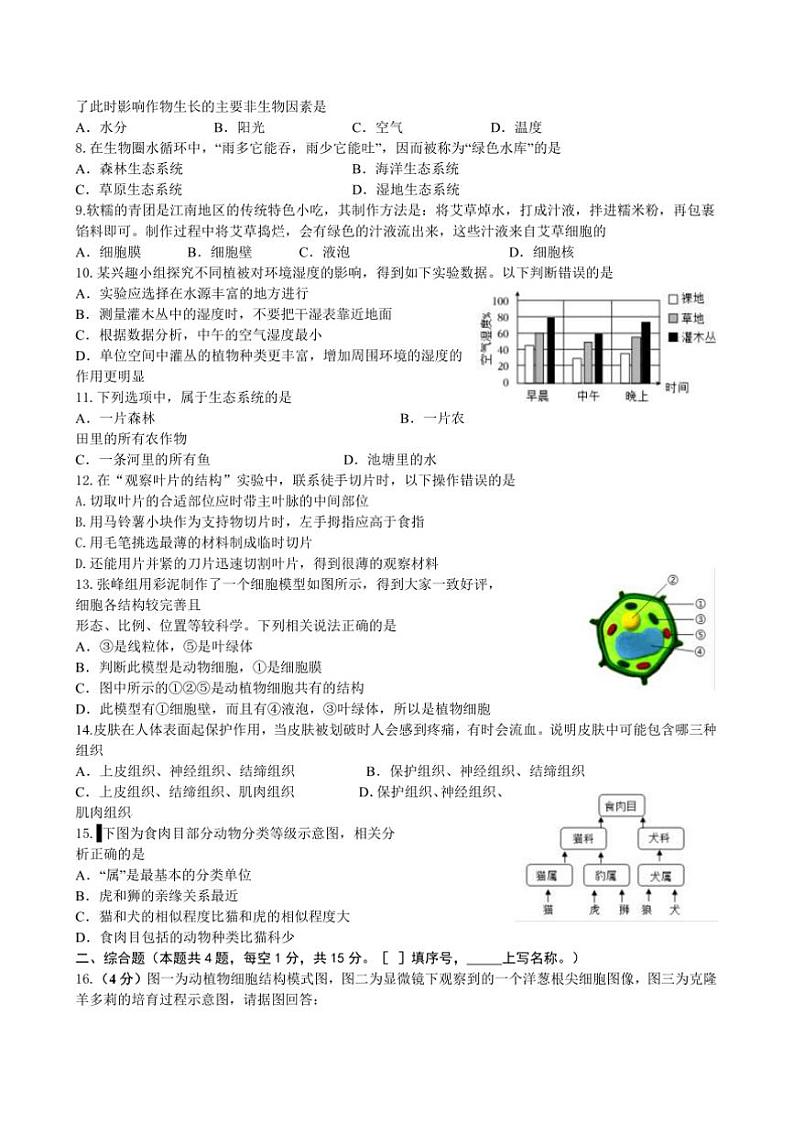 2024～2025学年江苏省连云港市七年级上生物期末模拟试卷(一)(含答案)第2页