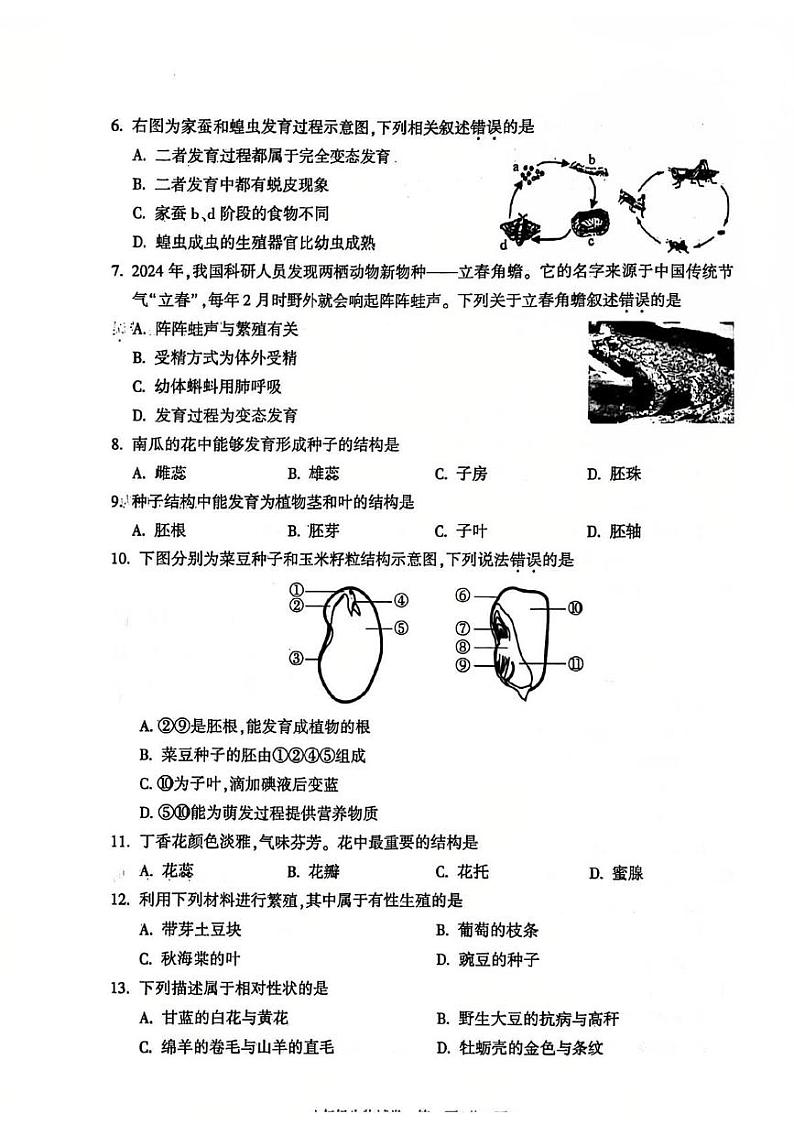 北京市朝阳区2024--2025学年八年级上学期期末生物试题第2页