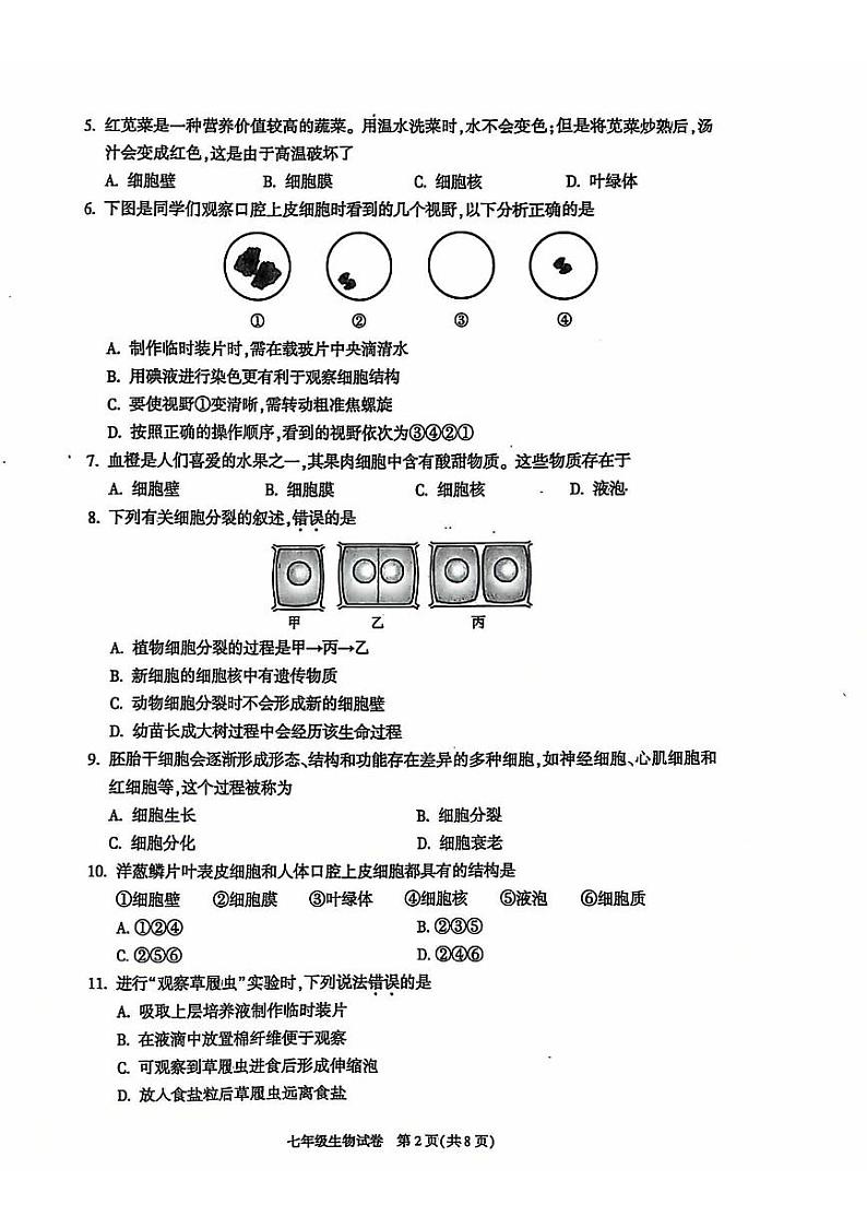 2025北京朝阳初一（上）期末真题生物试卷第2页