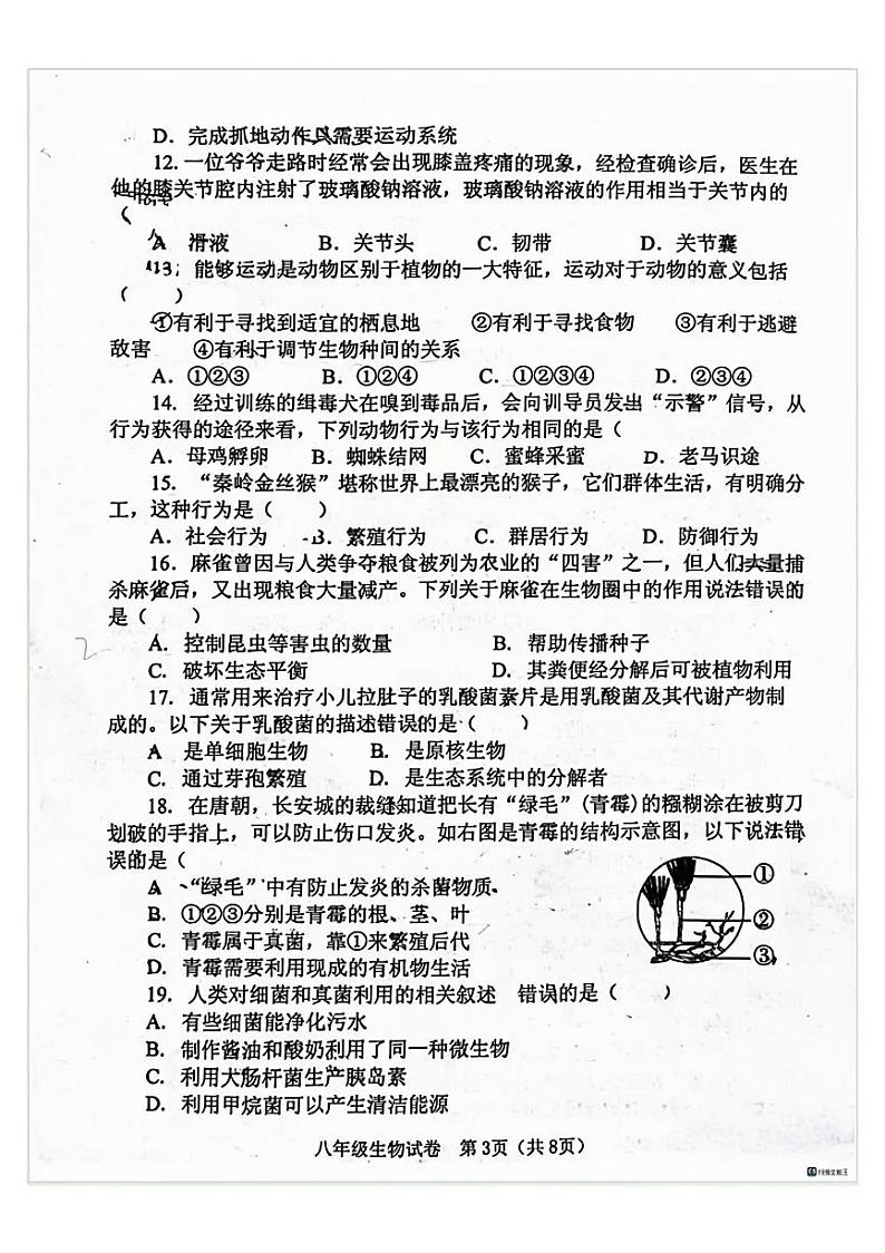 郑州中原区外国语2023-2024学年八年级上学期期末生物试卷及答案第3页