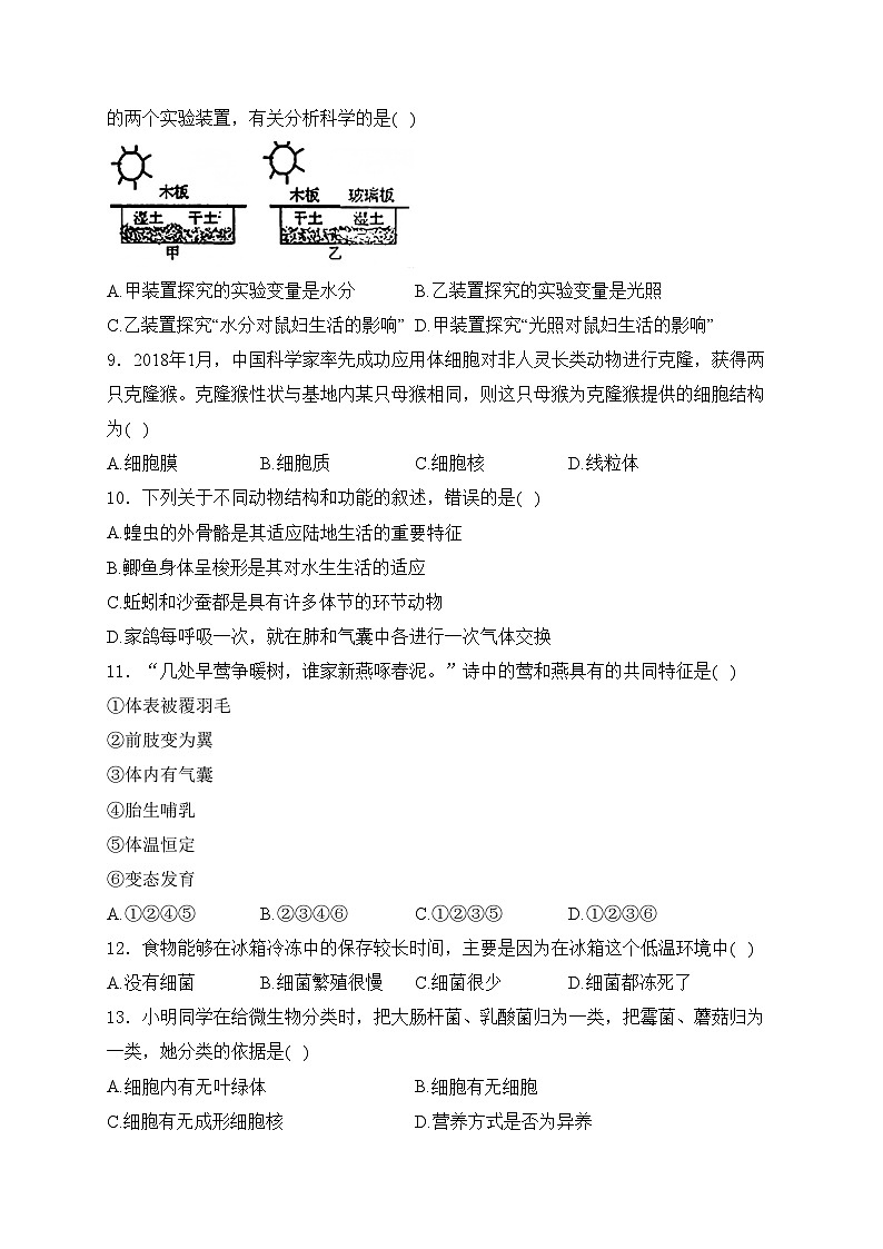 滨州渤海中学2024-2025学年七年级上学期第二次月考生物试卷(含答案)第3页