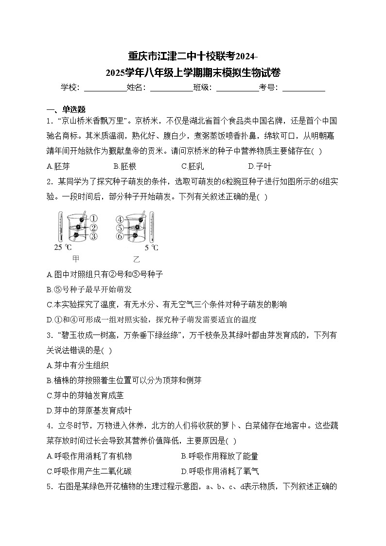 重庆市江津二中十校联考2024-2025学年八年级上学期期末模拟生物试卷(含答案)第1页